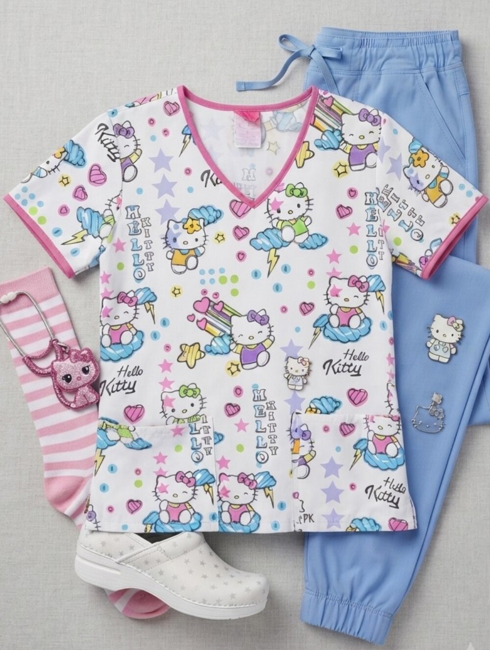 Vintage Sanrio Hello Kitty White Pink Clouds Lightning Scrub Top